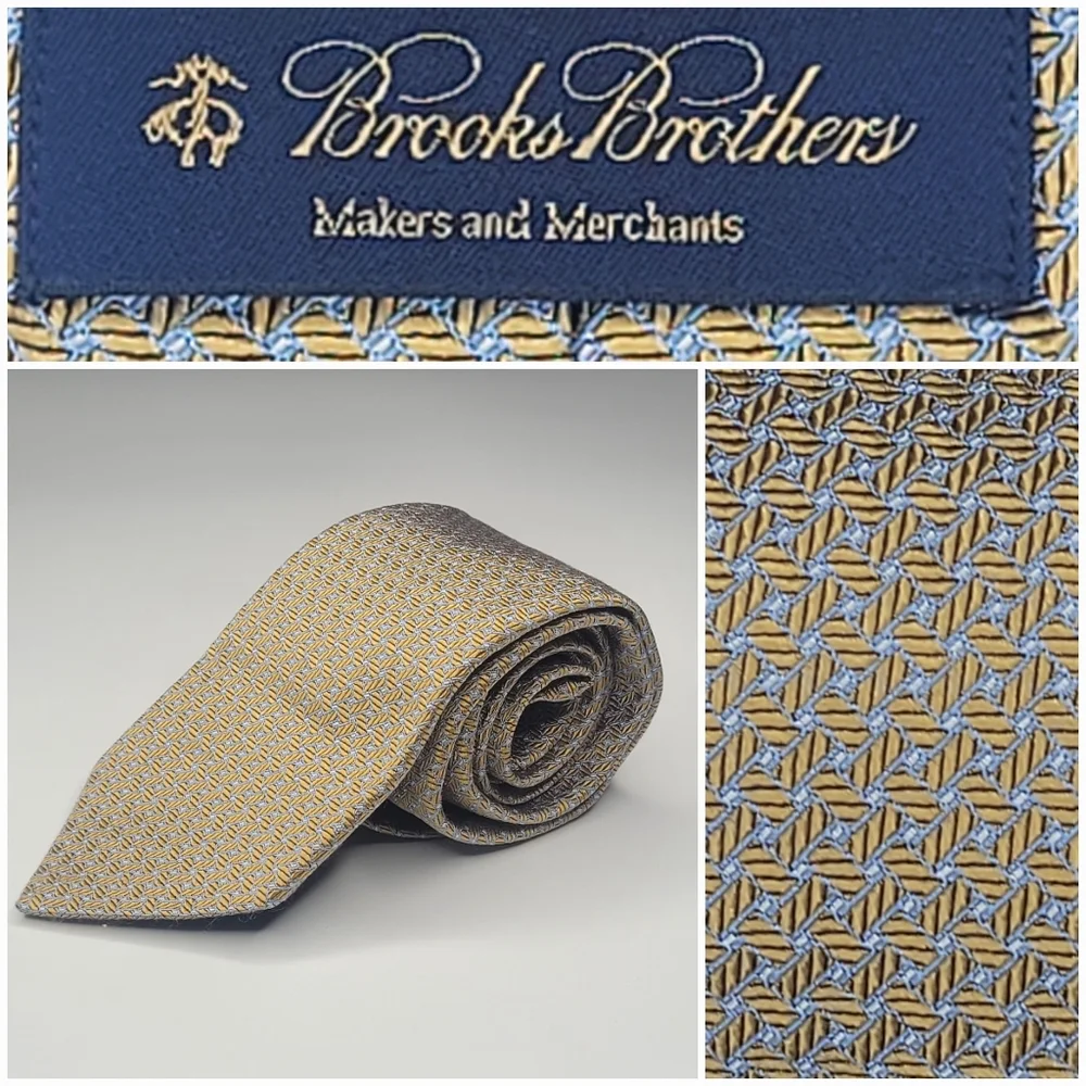 Brooks Brothers Gold Blue Herringbone Geometric Silk Tie 59 X 3.5